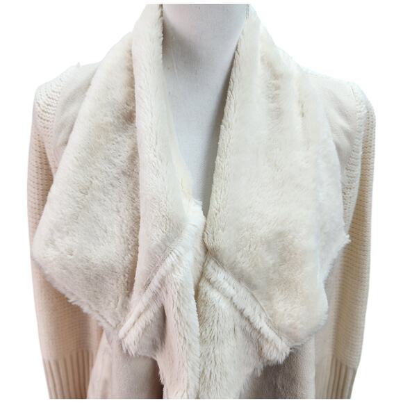 Knox Rose Sweater Jacket Women SMALL Ivory Faux Suede Fur Shearling Open Cardiga - Picture 4 of 15